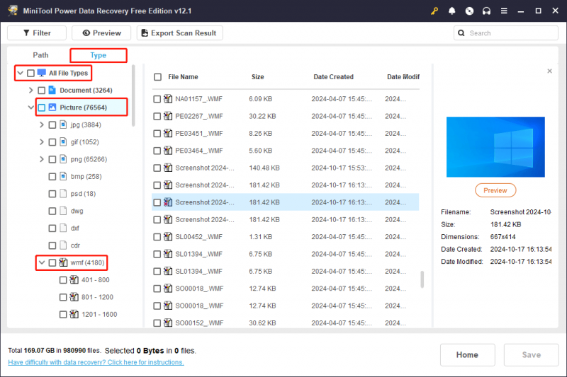   MiniTool Power Data Recovery skenēšanas rezultātos izmantojiet funkciju Tips, lai atrastu WMF failus