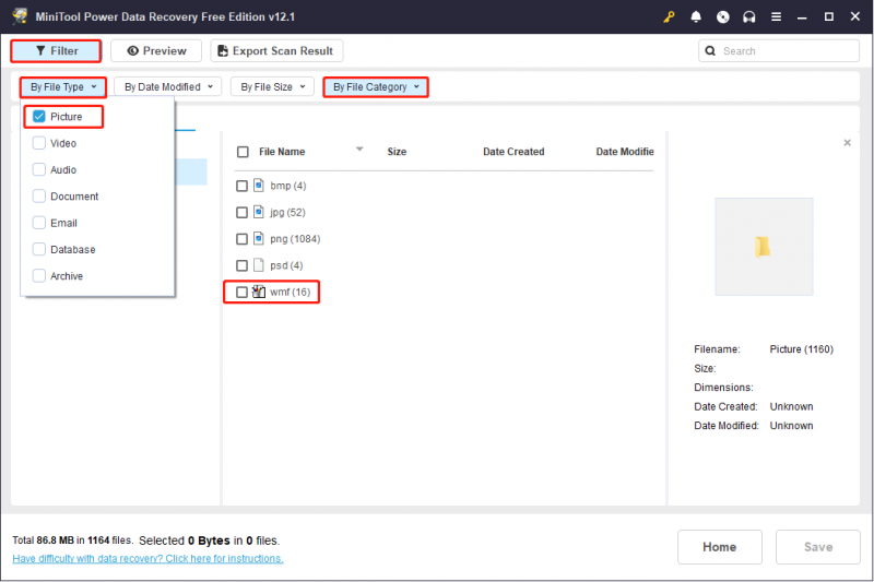   en los resultados del escaneo de MiniTool Power Data Recovery, use la función Filtro para buscar archivos WMF