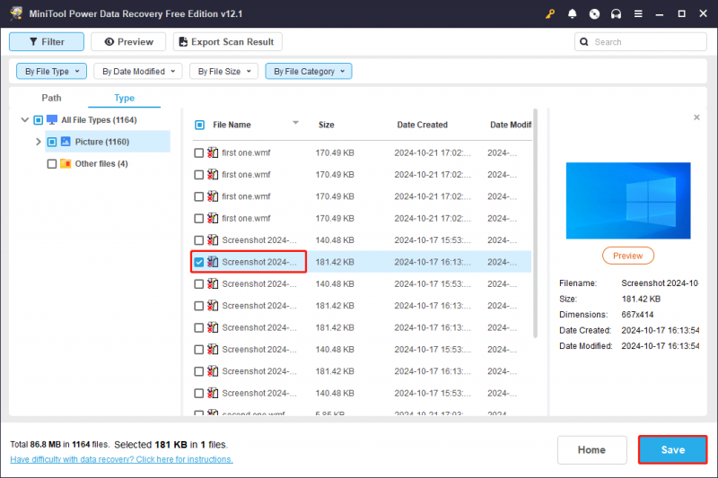   pada hasil pemindaian MiniTool Power Data Recovery, pilih file target yang akan disimpan