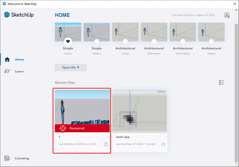   「SketchUp へようこそ」ページからファイルを復元する