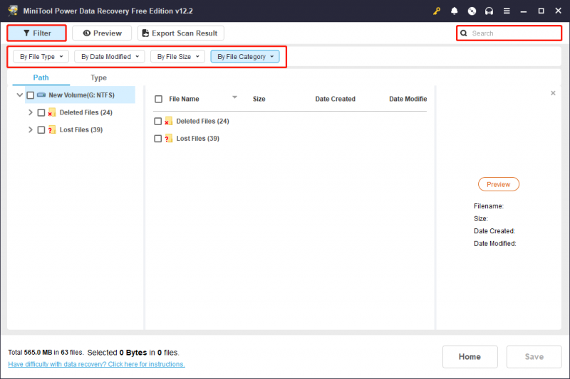   използвайте функциите за филтриране и търсене в MiniTool Power Data Recovery, за да отсеете файловете