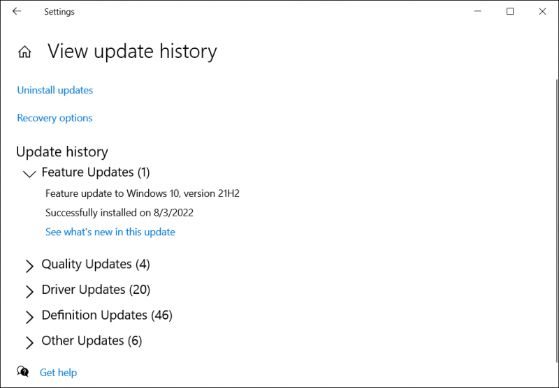   tarkastella päivityshistoriaa Windows 10:ssä