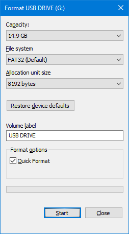   začnite formatirati pogon USB