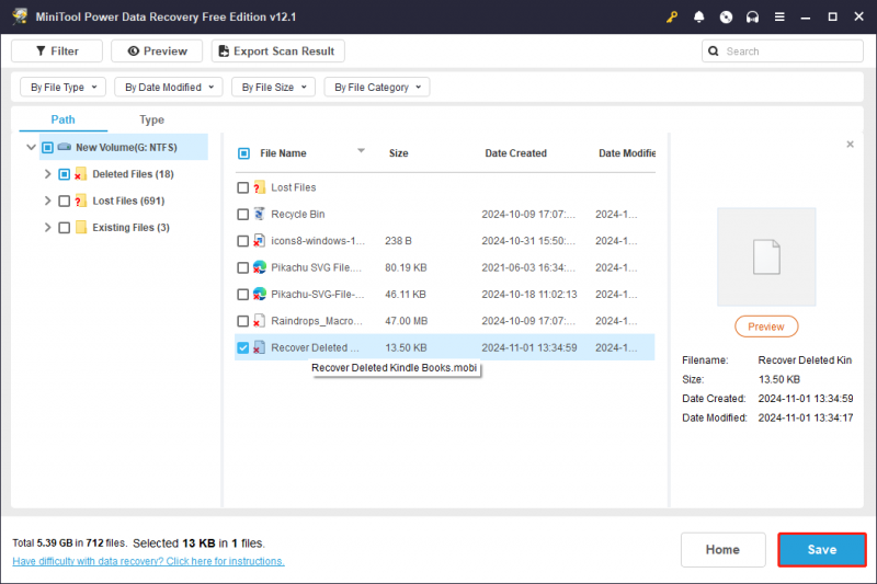   clique no botão Salvar para restaurar arquivos por meio do MiniTool Power Data Recovery