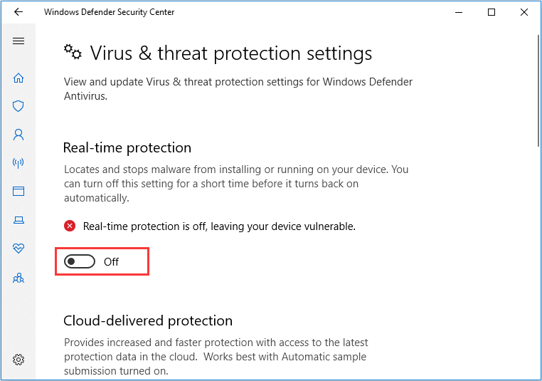 απενεργοποιήστε το πρόγραμμα προστασίας από ιούς του Windows Defender