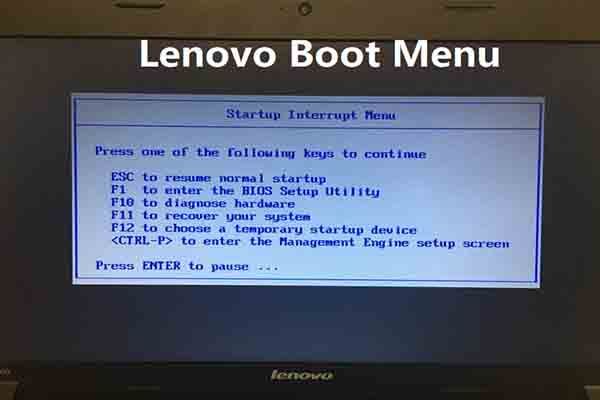 Menu de inicialização da Lenovo