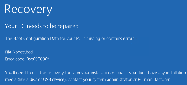 0xc000000f-virhe ilmestyy Windows 8: n ja Windows 10: n käynnistyksen yhteydessä