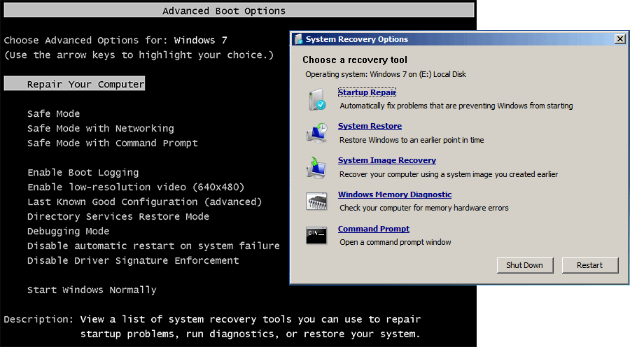 Windows 7 시동 복구에 액세스