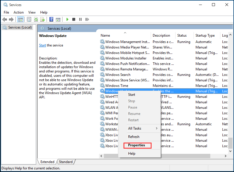 valige Windows Update ja klõpsake nuppu Atribuudid