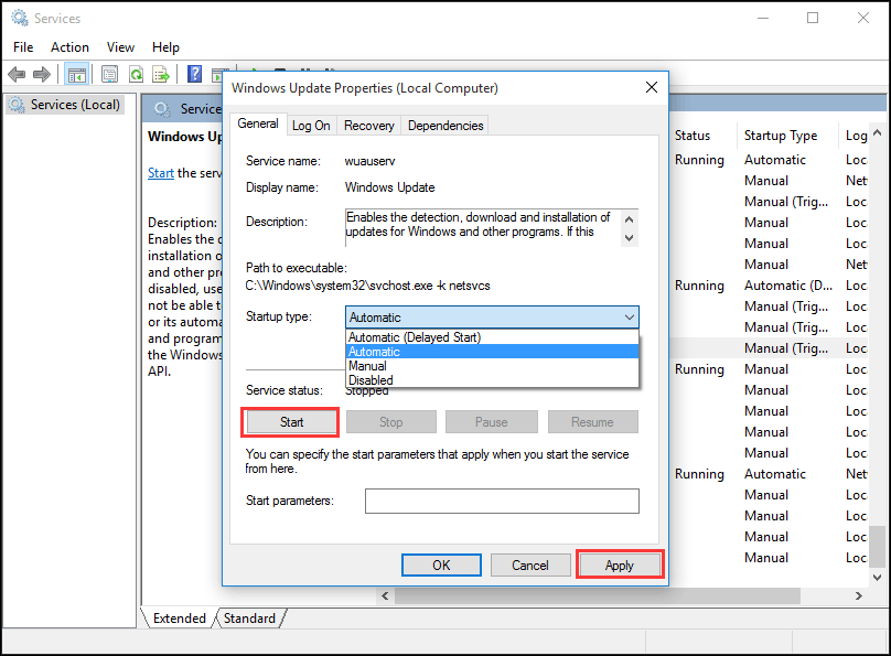 imposta il tipo di avvio di Windows Update su Automatico