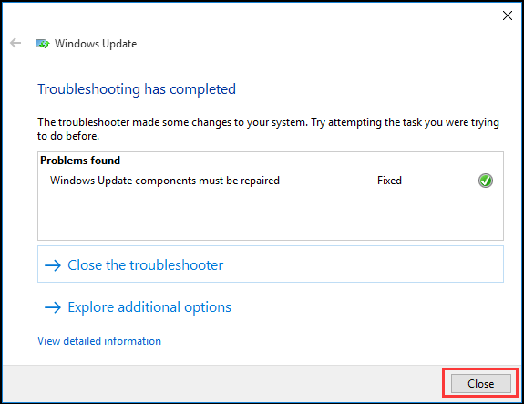 haga clic en cerrar para salir del solucionador de problemas de Windows Update