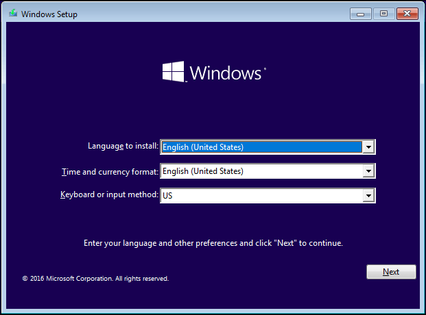 Интерфейс установки Windows 10