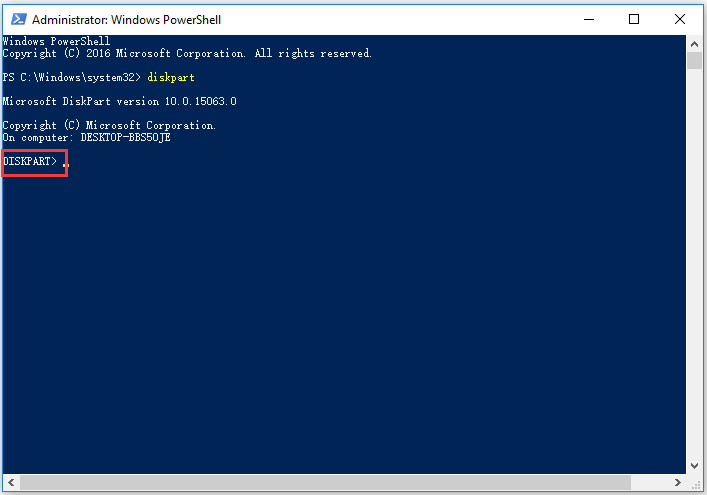acessar o Diskpart por meio do Windows PowerShell