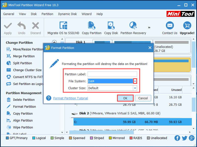 scegli il file system Ext4 con cui formattare