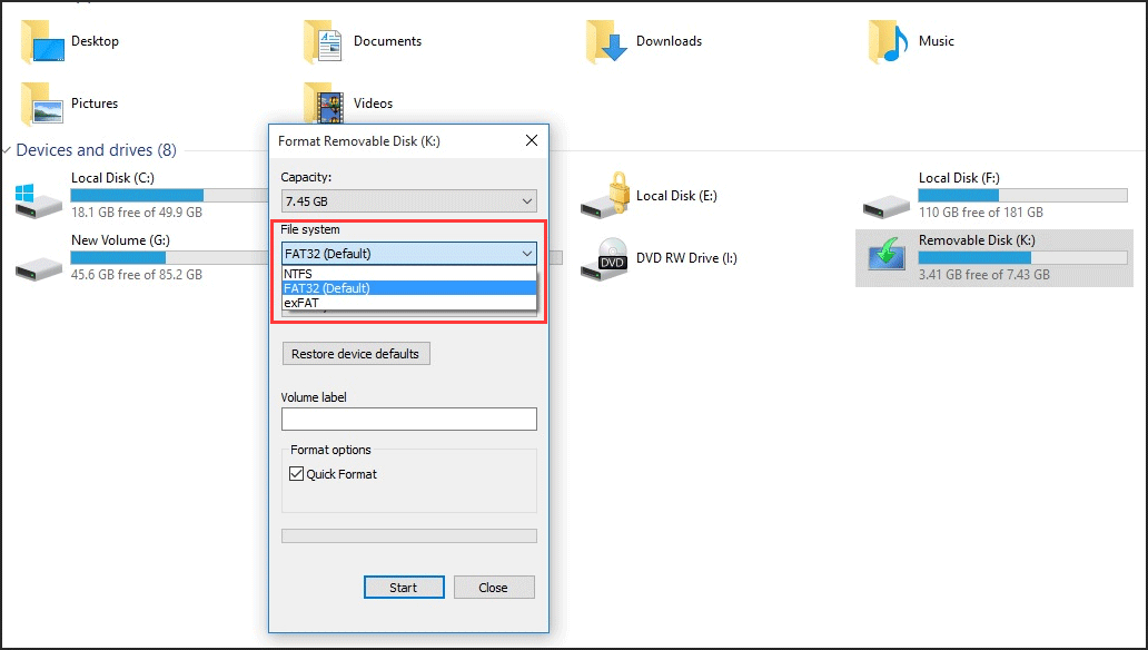 opzioni del file system formattato predefinito in Windows
