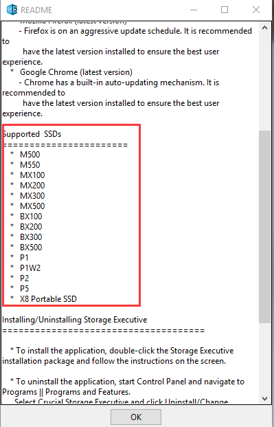 Lista de suporte SSD do Crucial Storage Executive