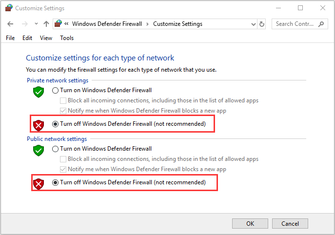 απενεργοποιήστε το τείχος προστασίας του Windows Defender