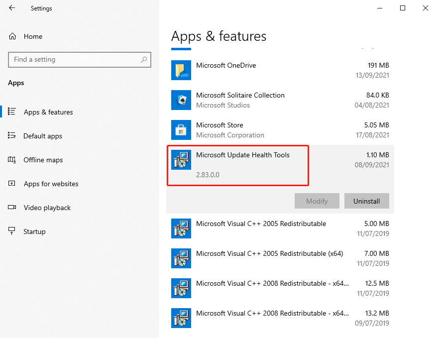 أدوات Microsoft Update الصحية في الإعدادات