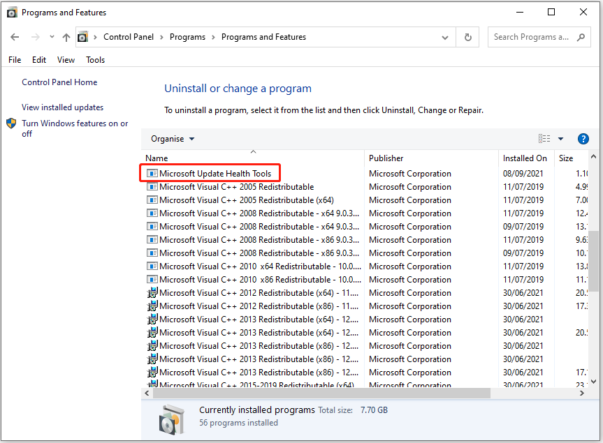 Ferramentas de integridade do Microsoft Update no painel de controle
