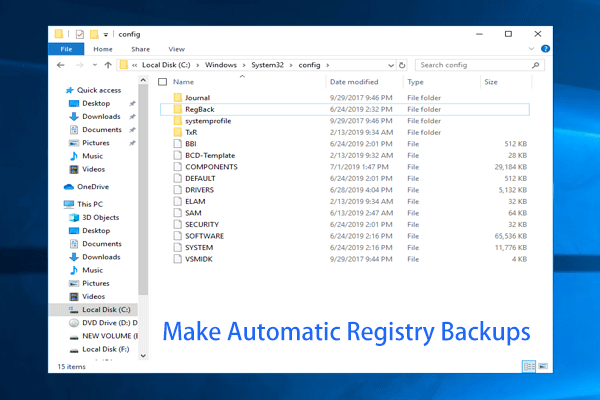 crea una miniatura dei backup automatici del registro