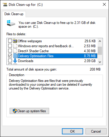eliminar archivos de optimización de entrega en el Liberador de espacio en disco