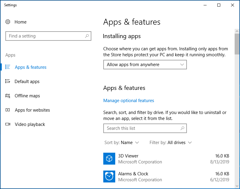 Aplicación y características de Windows 10