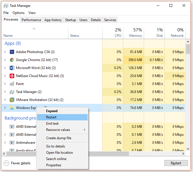 taaskäivitage Windows Explorer