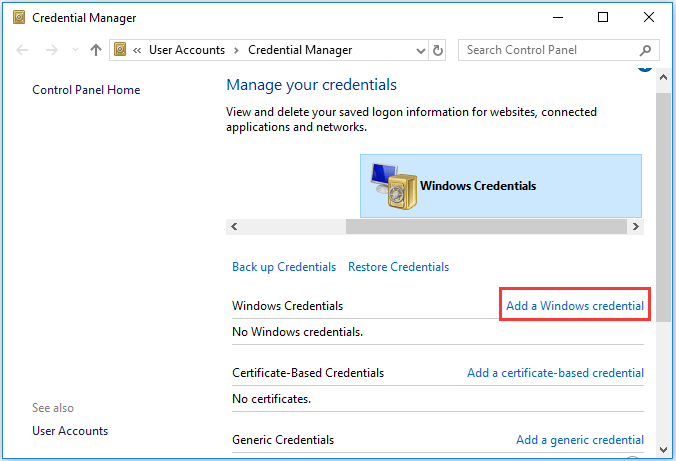 escolha adicionar uma credencial do Windows