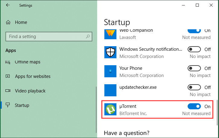 ปิด uTorrent Startup ใน Windows Settings