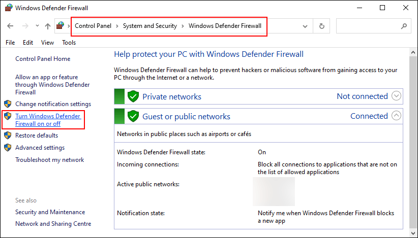 napsauta Ota Windows Defenderin palomuuri käyttöön tai poista se käytöstä