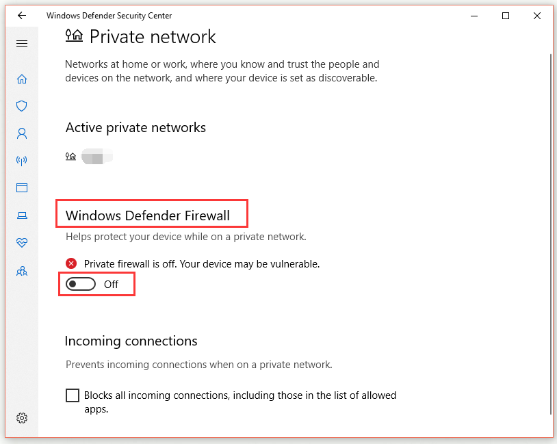απενεργοποιήστε το τείχος προστασίας του Windows Defender