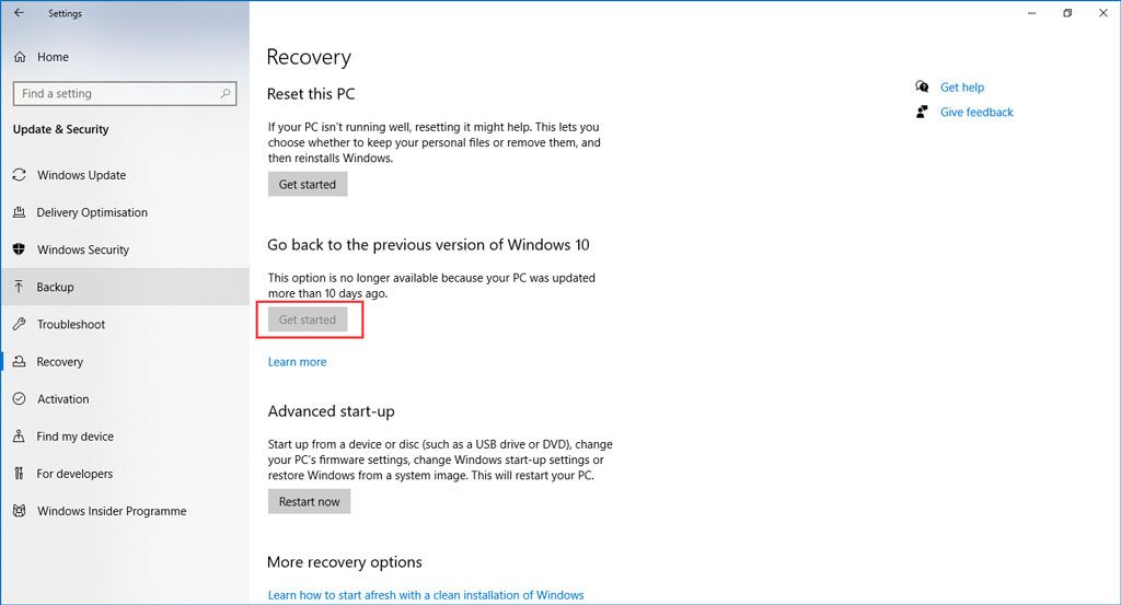 Zurück zur vorherigen Version von Windows 10 nicht verfügbar