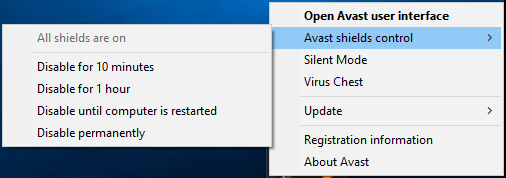 zakázať ovládanie štítov Avast