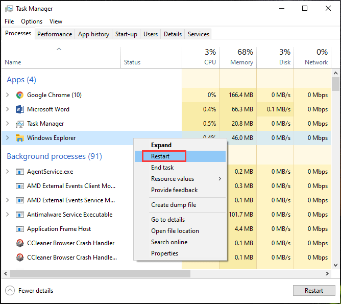 reinicie o Windows Explorer usando o Gerenciador de tarefas