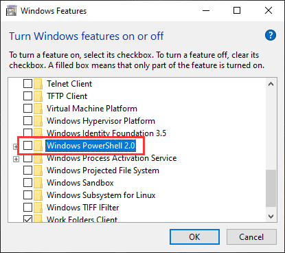 poista valinta Windows PowerShell 2.0: sta