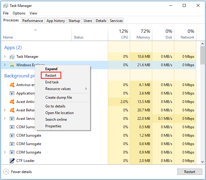 reinicie o Windows Explorer no Gerenciador de tarefas