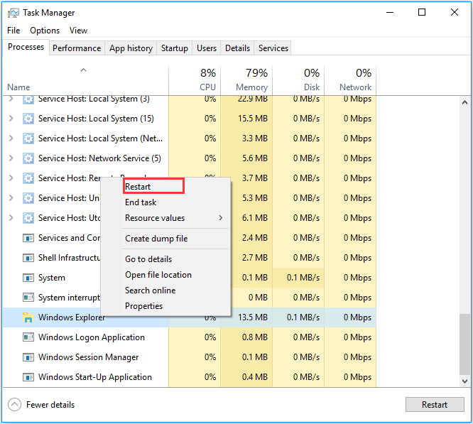 riavviare Windows Explorer