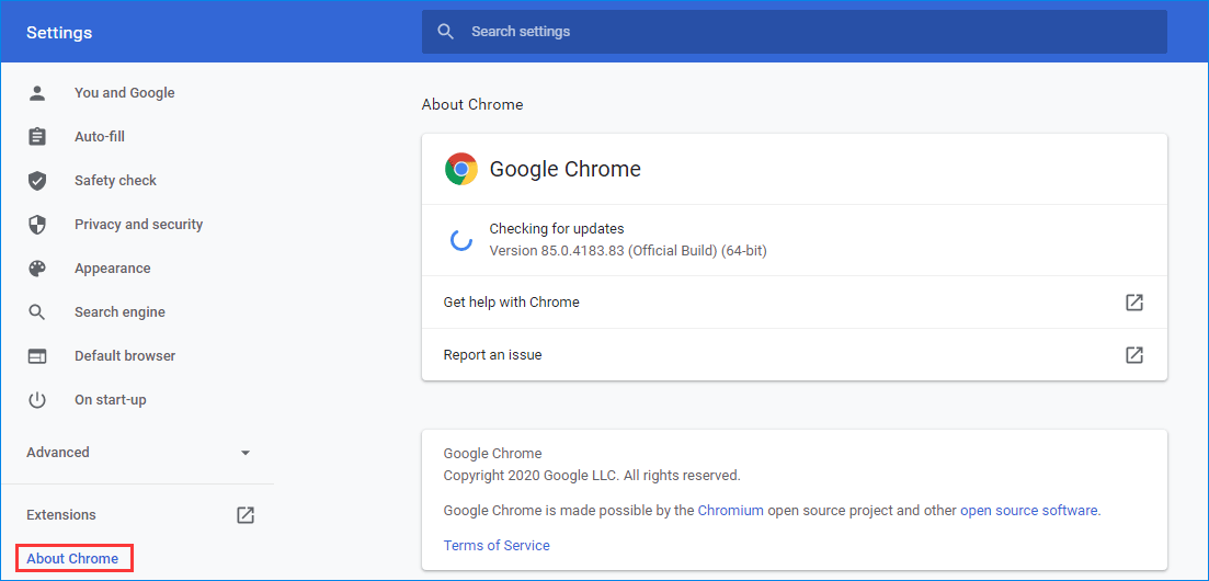 Το Chrome ελέγχει για ενημερώσεις