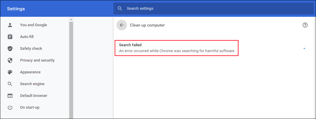 Поиск не удался. Произошла ошибка при поиске вредоносного ПО в Chrome.