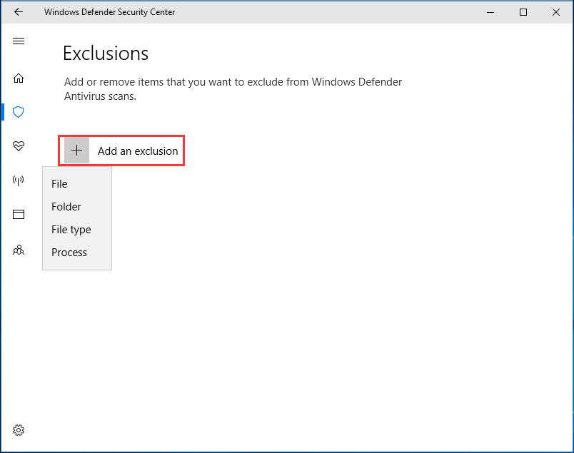 aggiungere le esclusioni di Windows Defender
