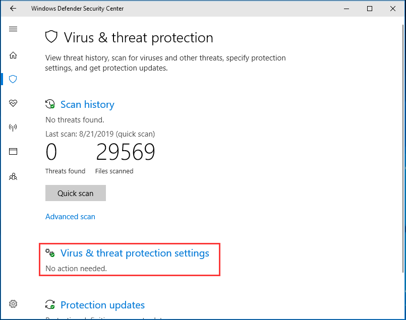 impostazioni di protezione da virus e minacce in Windows Defender