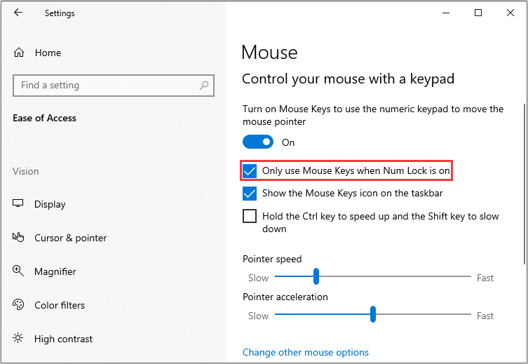 zaškrtněte Používejte pouze klávesy myši, když je zapnutá funkce Num Lock