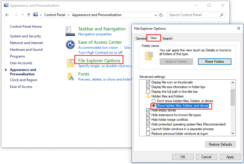 tunjukkan fail tersembunyi di Windows dengan Panel Kawalan