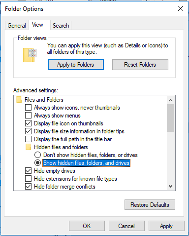 tunjukkan fail tersembunyi dalam Pilihan Folder
