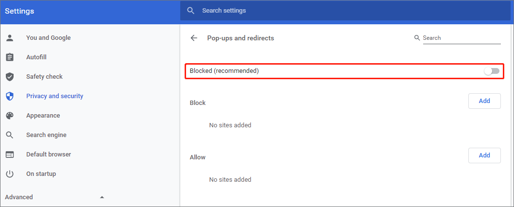 как отключить блокировку всплывающих окон в Chrome