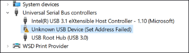 Falha de endereço de definição de dispositivo USB desconhecido
