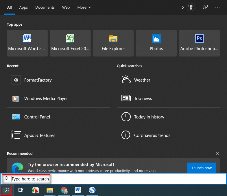 Windows 10 -hakupalkki tehtäväpalkista