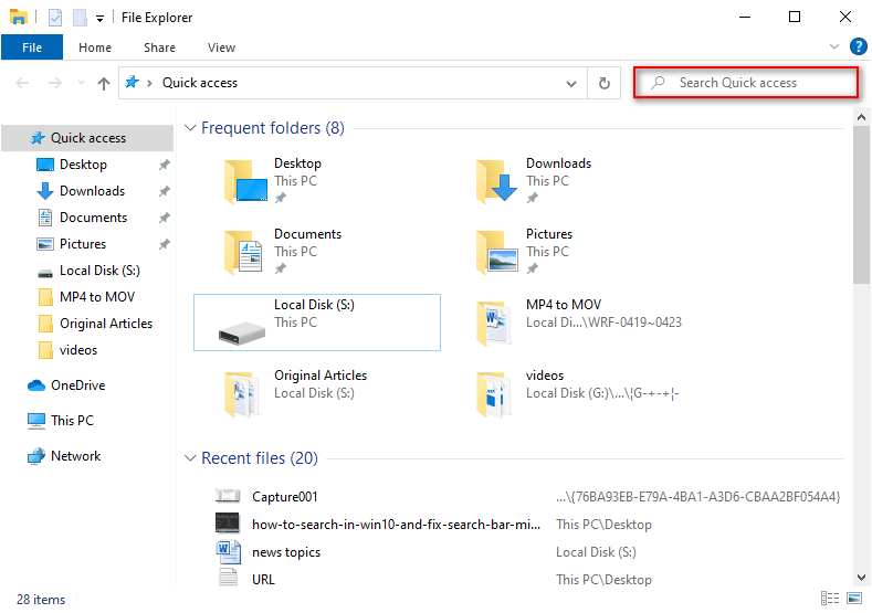 Barra de pesquisa do Windows 10 no File Explorer