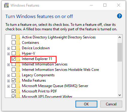 consertar o Internet Explorer sem o Windows 10 nos recursos do Windows