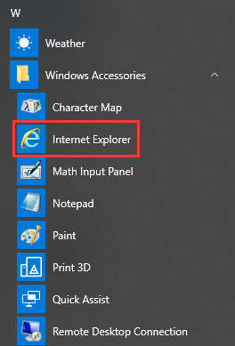 trova Internet Explorer in Start